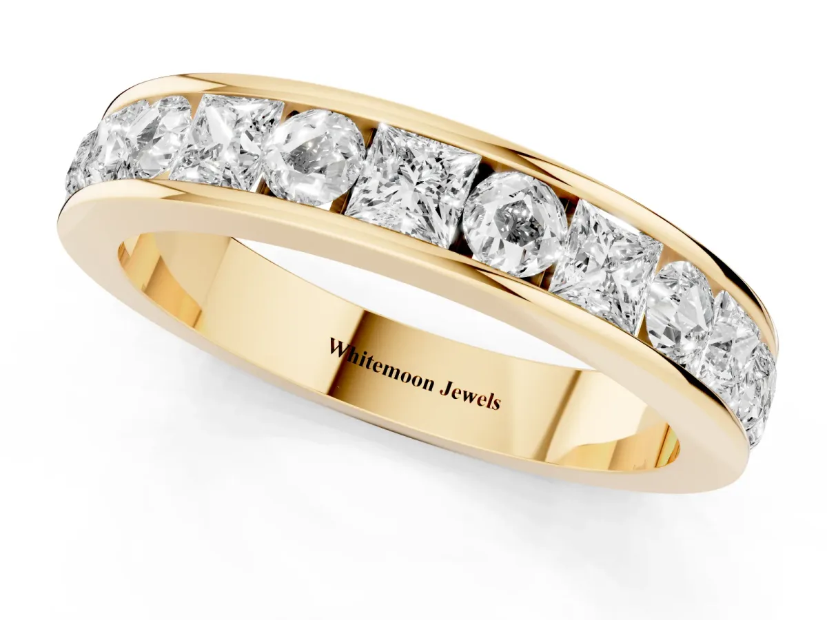 Princess Diamond Channel Set Promise Ring with Round Diamond Accents Yellow gold