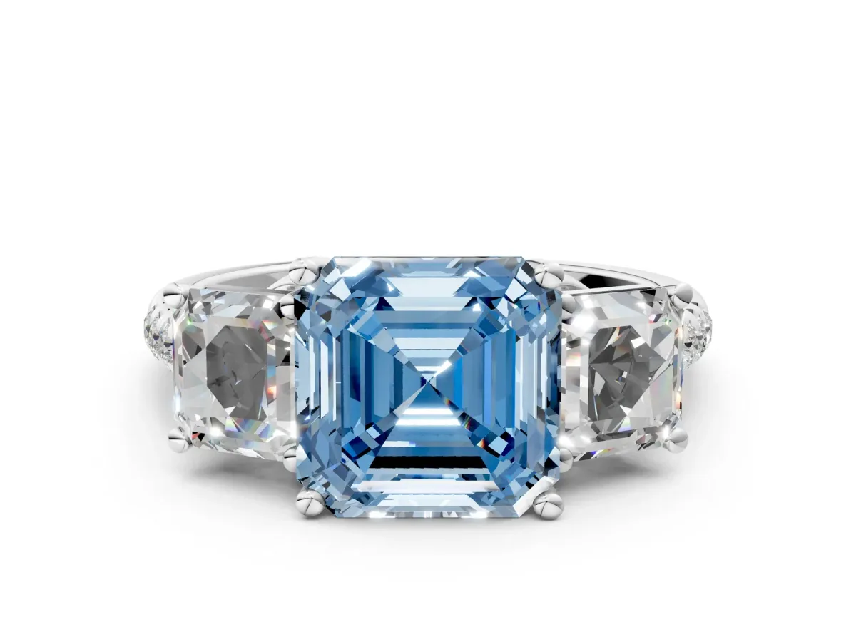 Fancy Blue Three-Stone Asscher Cut Diamond Ring with Round Pavé Band and Prong Setting Silver