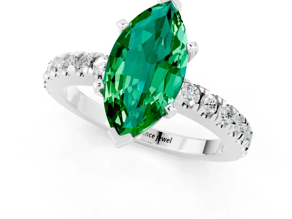 Marquise Cut Solitaire Emerald with Pavé Band and Four-Prong Setting Silver