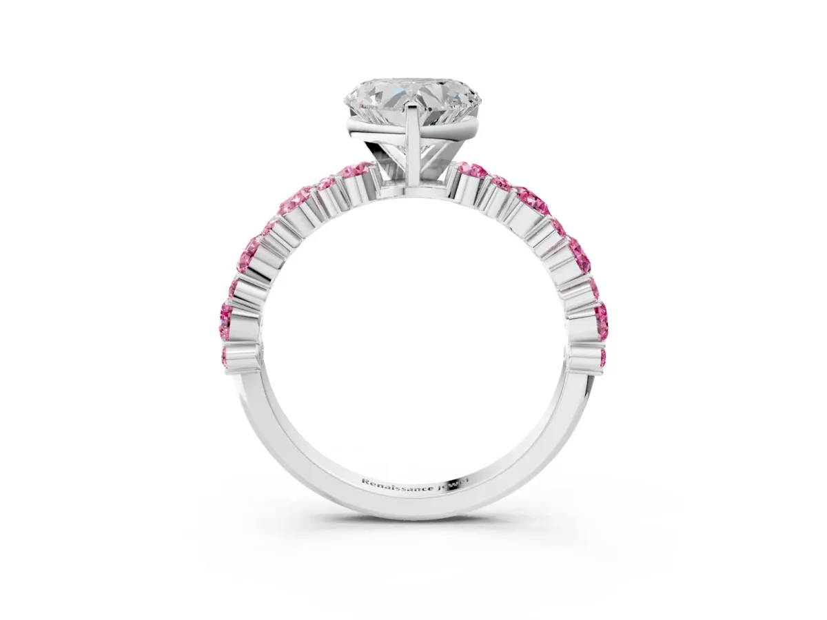 Heart Cut Diamond Side Stone Solitaire Ring with Round Pink Sapphire and Four-Prong Setting Silver