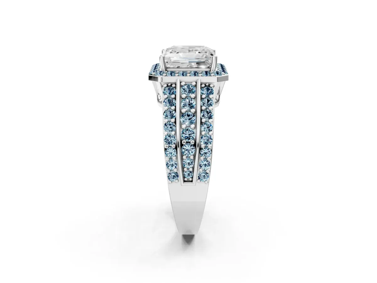 Princess Cut Halo Diamond Ring with Round Aquamarine Split Shank and Prong Setting Silver