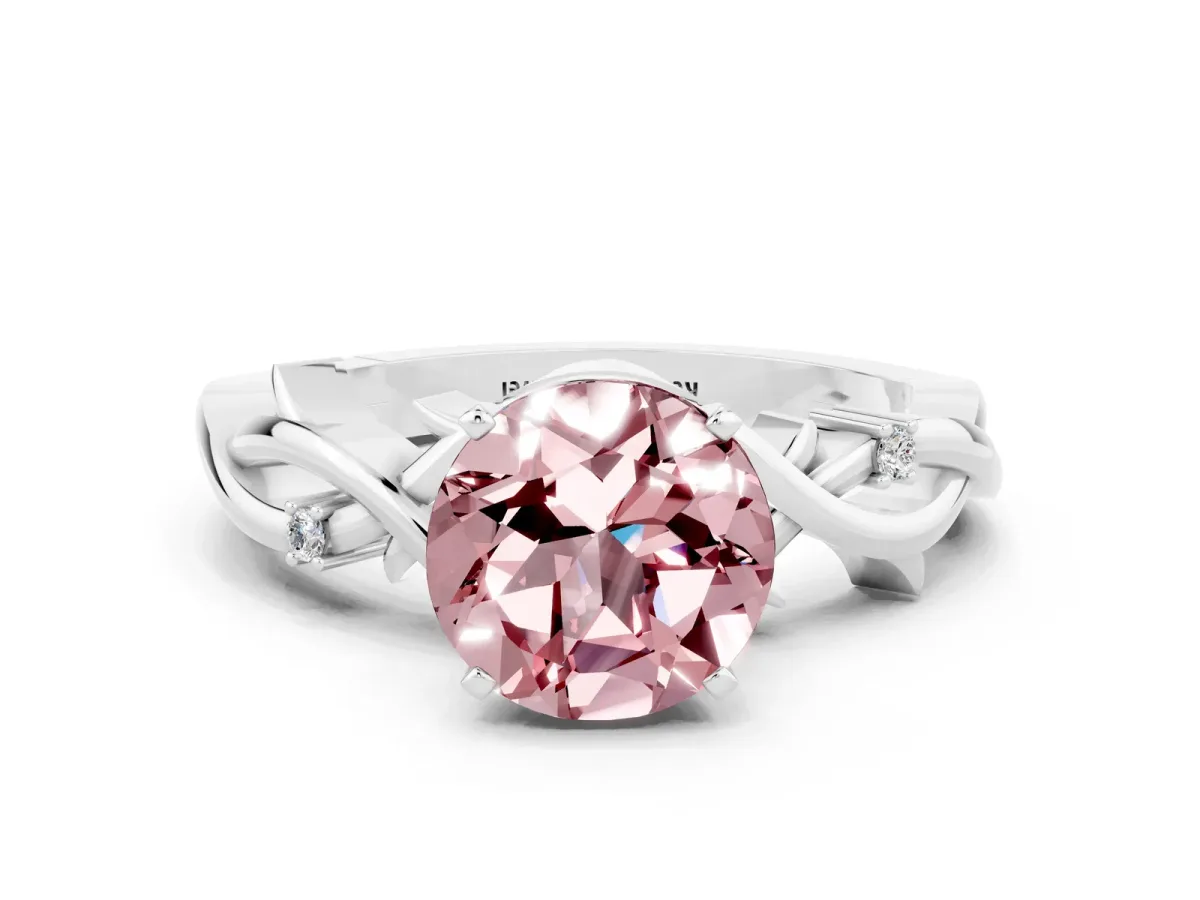 Round Cut Morganite Solitaire Ring with Twisted Band and Prong Setting Platinum