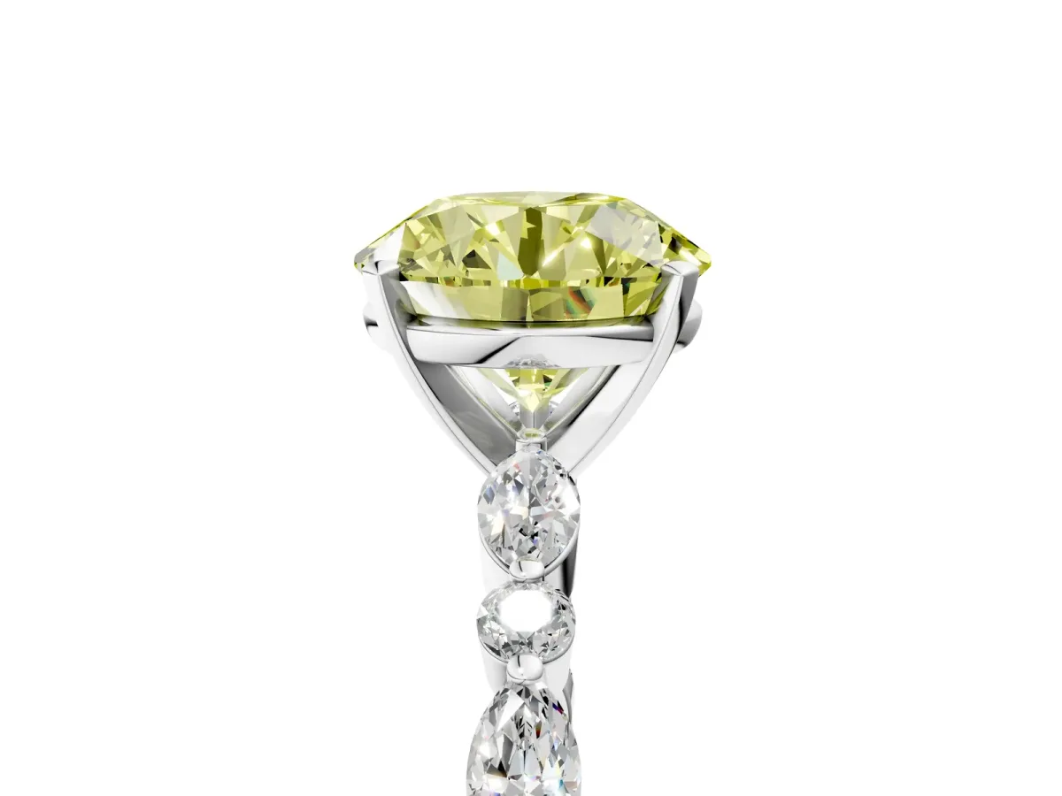 Fancy Yellow Round Cut Diamond Ring with Marquise and Round Side Stones and Four-Prong Setting Silver