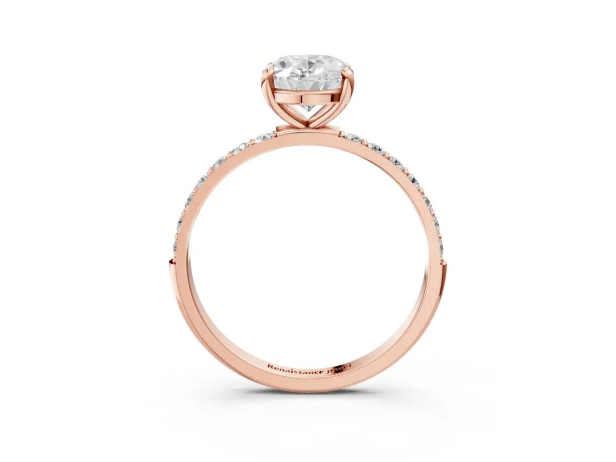 Oval Cut Diamond Solitaire Ring with Round Pavé Band and Prong Setting Rose gold