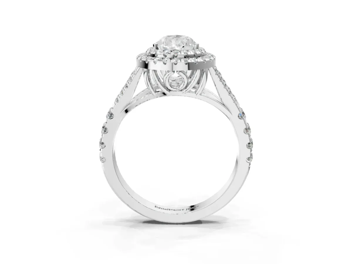 Double Halo Pear Cut Diamond Split Shank Engagement Ring with Four-Prong Setting White gold