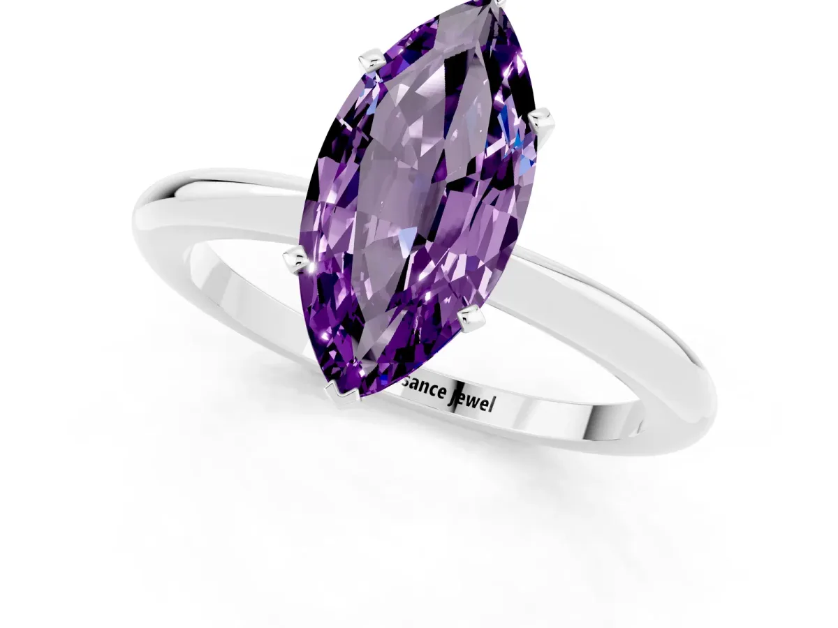 Marquise Cut Amethyst Solitaire Ring with Six-Prong Setting and Classic Band Silver