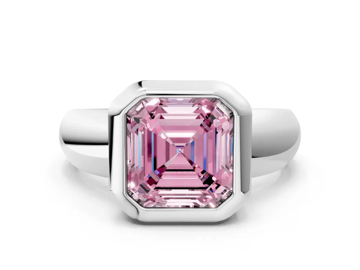 Fancy Pink Bezel Set Asscher Cut Solitaire Ring with Wide Band Platinum