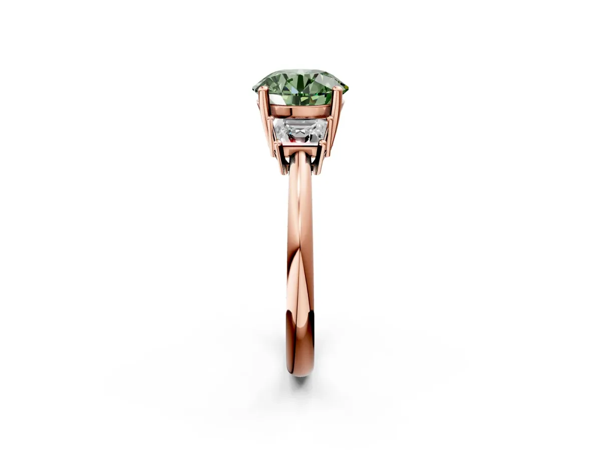 Fancy Green Round Cut Diamond Three-Stone Ring with Trapezoid Side Stones and Prong Setting Rose gold