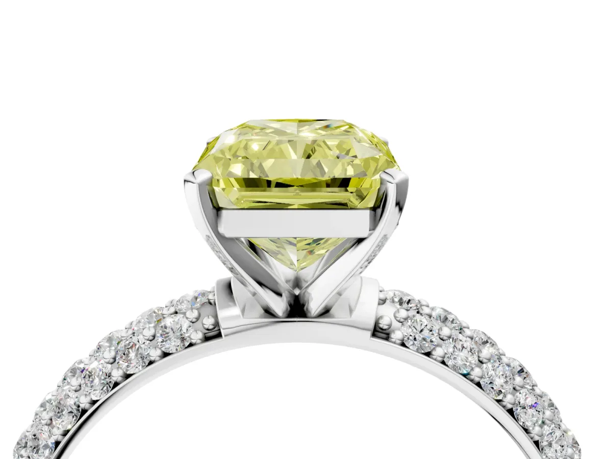 Fancy Yellow Radiant Cut Diamond Solitaire Ring with Prong Setting and Pavé Band Platinum
