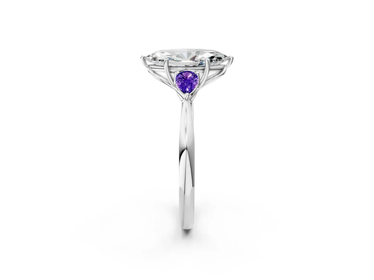 Marquise Cut Diamond Three-Stone Ring with Pear Tanzanite Side Stones and Prong Setting Silver