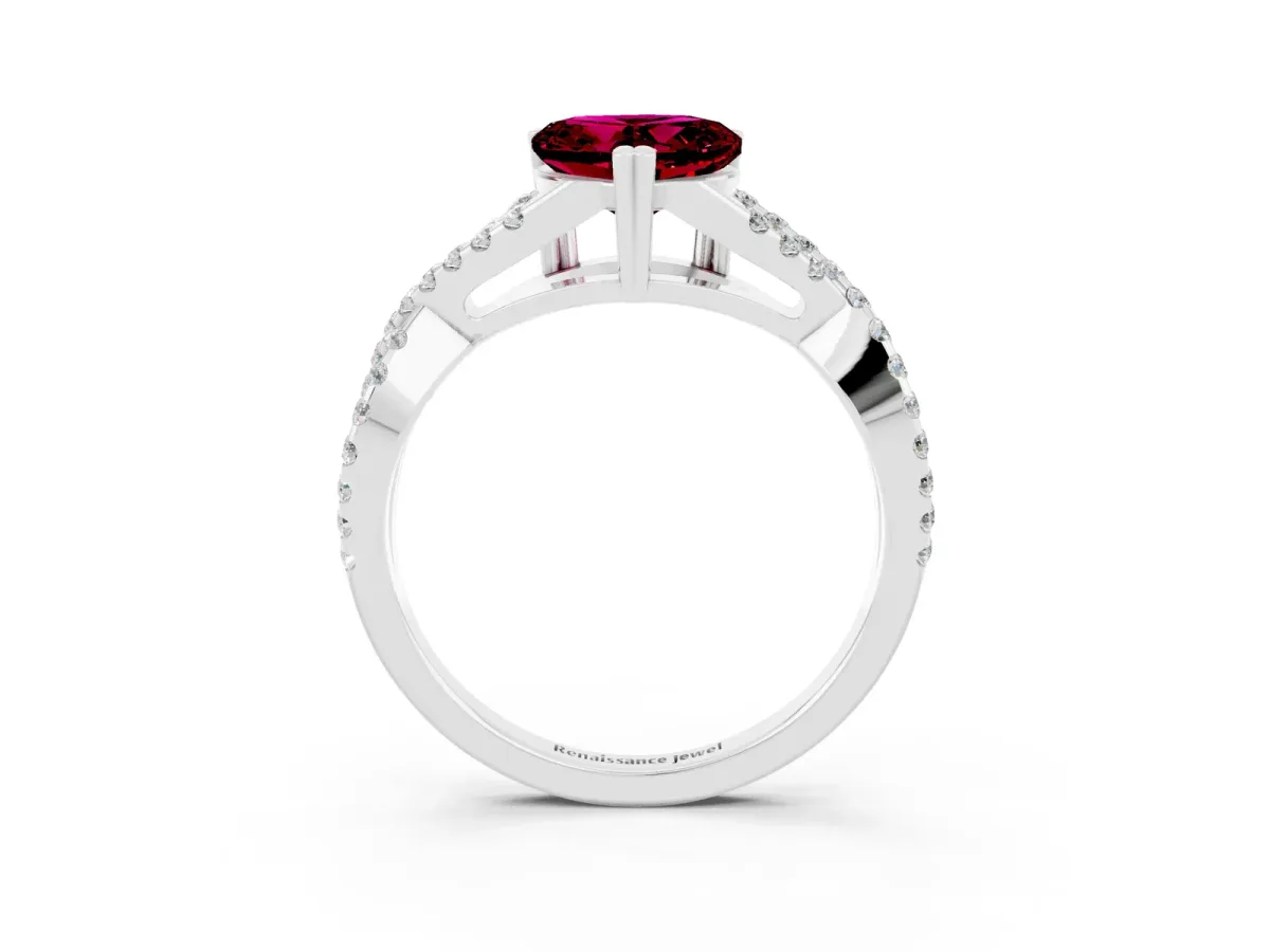 Heart Cut Garnet Solitaire Ring with Four-Prong Setting and Twisted Pavé Band Silver