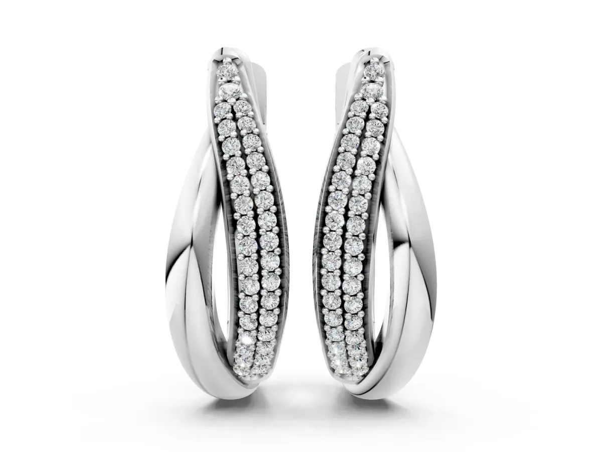 Round Diamond Double Row Huggie Hoop Earrings White gold