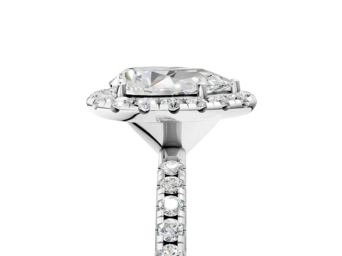 Pear Cut Diamond Halo Ring with Round Pavé Band and Prong Setting Platinum