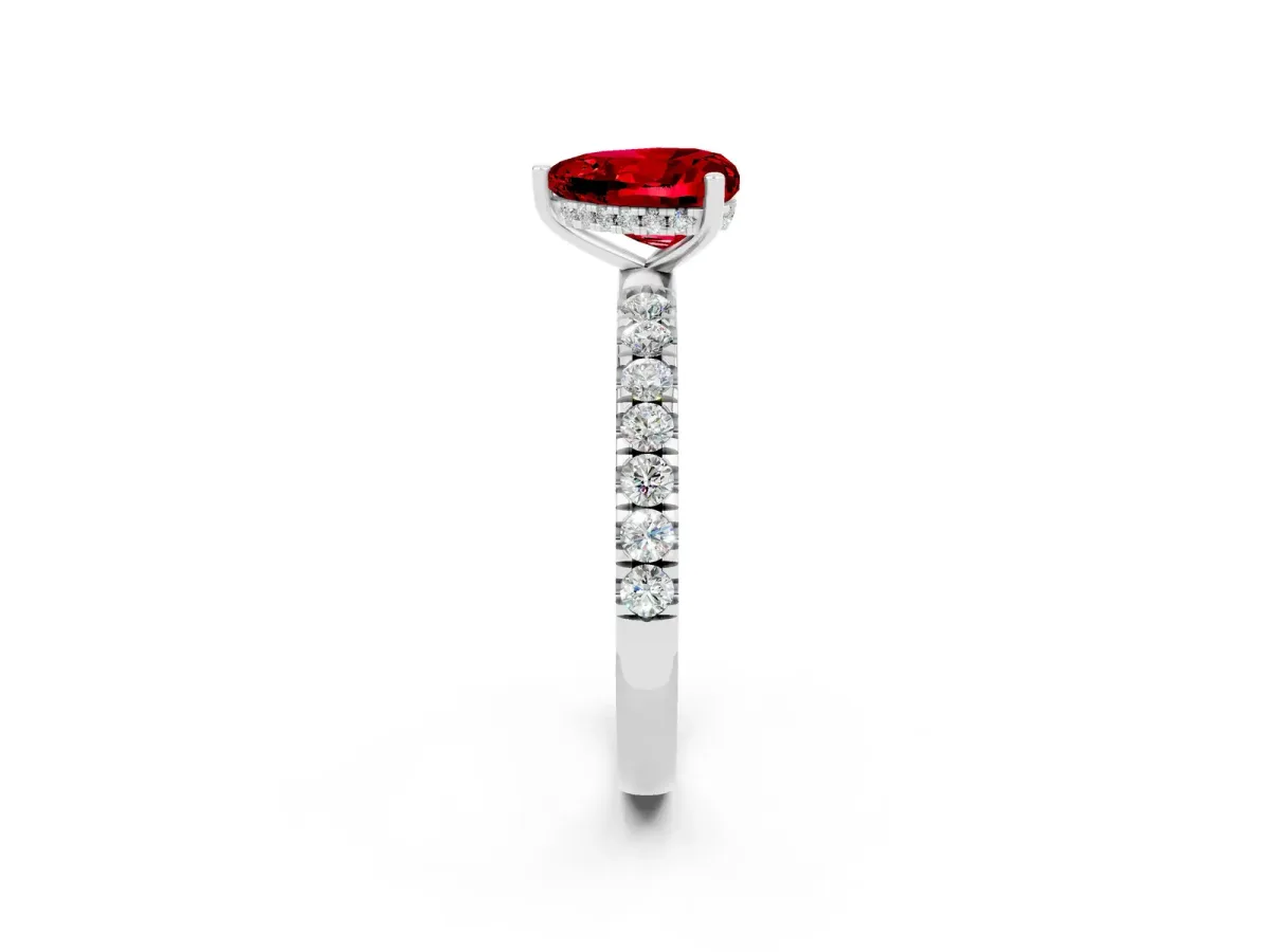 Heart Cut Ruby Pave Band Solitaire Ring with Round and Prong Setting Platinum