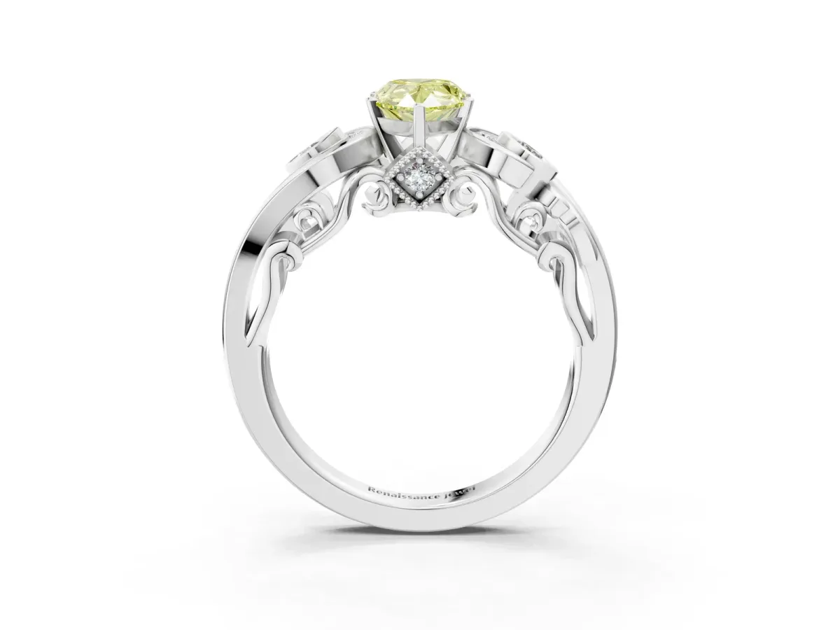 Fancy Yellow Pear Cut Diamond Solitaire Ring with Milgrain Pavé Band and Four-Prong Setting Silver