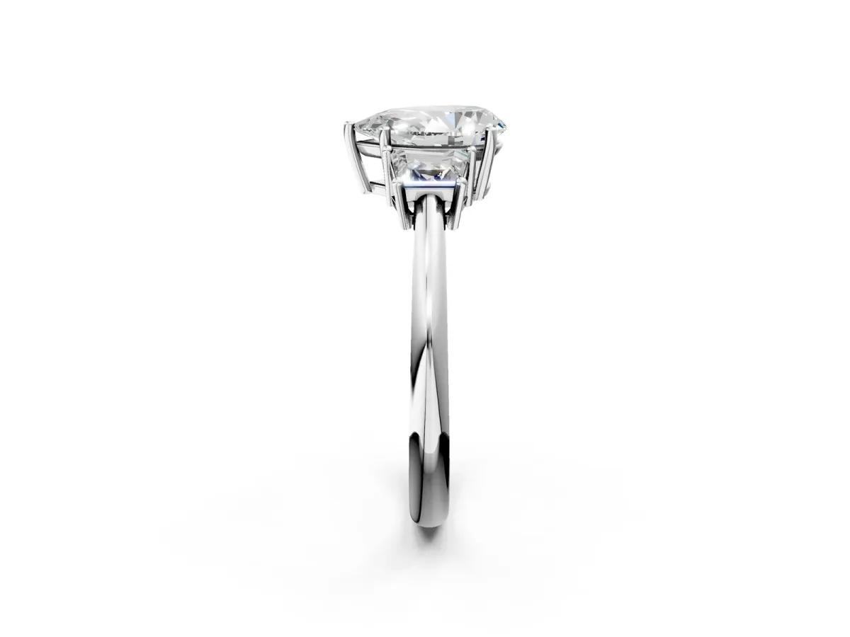 Pear Cut Diamond Three-Stone Ring with Trapezoid Side Stones and Prong Setting Platinum