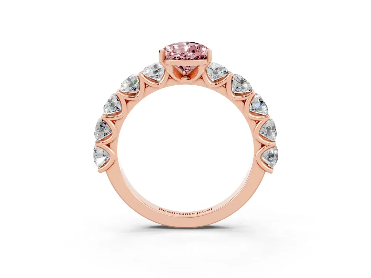 Pear Cut Morganite Prong Setting with Side Stones on a Pave Band Rose gold