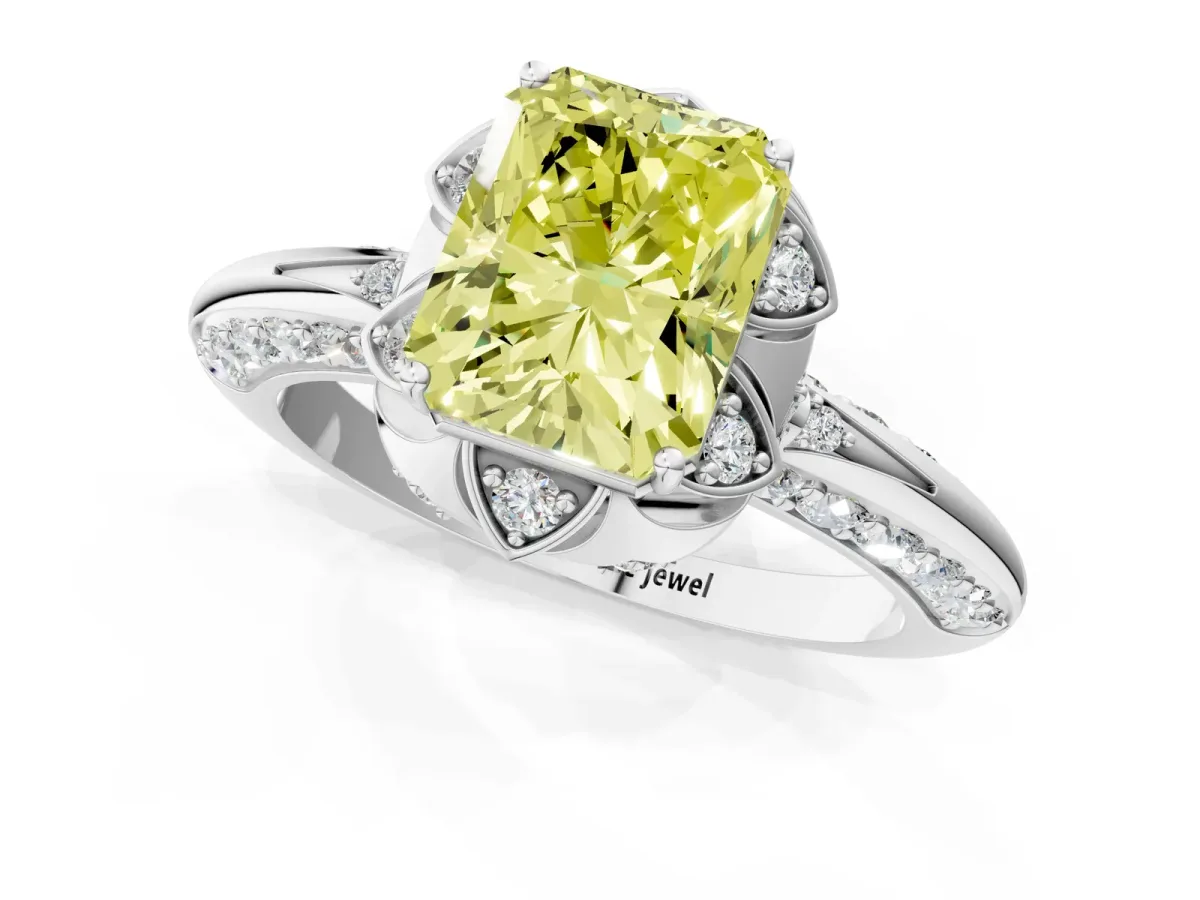 Fancy Yellow Radiant Cut Halo Split Shank Pave Diamond Ring with Petal Prong Setting Platinum