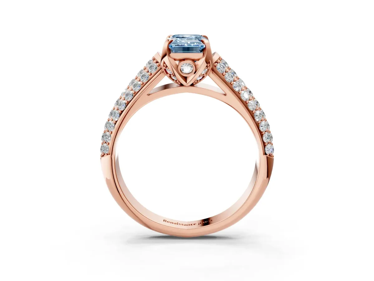 Fancy Blue Emerald Cut Diamond Solitaire Ring with Three-Row Pavé Band and Four-Prong Setting Rose gold