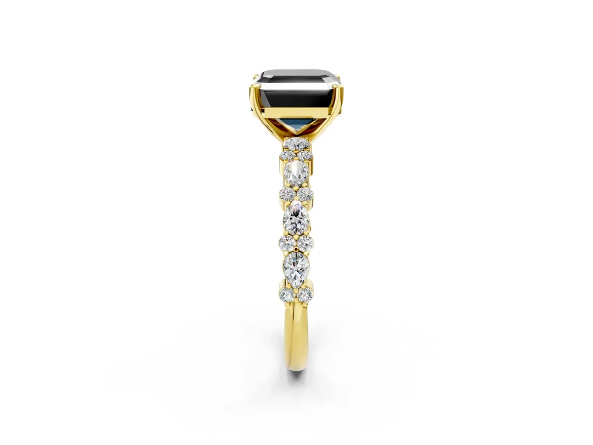 Fancy Black Asscher Cut Diamond Side Stone Solitaire Ring with Round and Four-Prong Setting Yellow gold