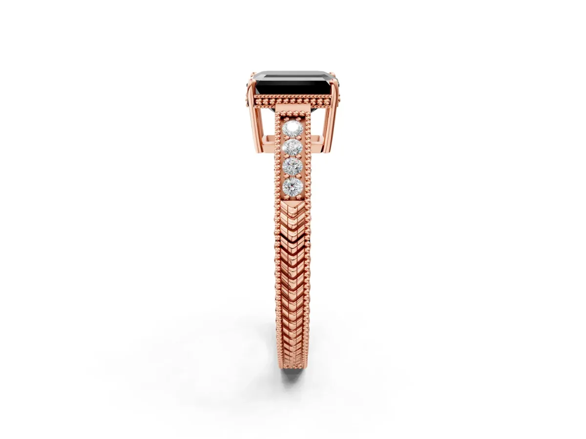Fancy Black Emerald Cut Cut Diamond Milgrain Pave Band Four-Prong Setting Ring Rose gold