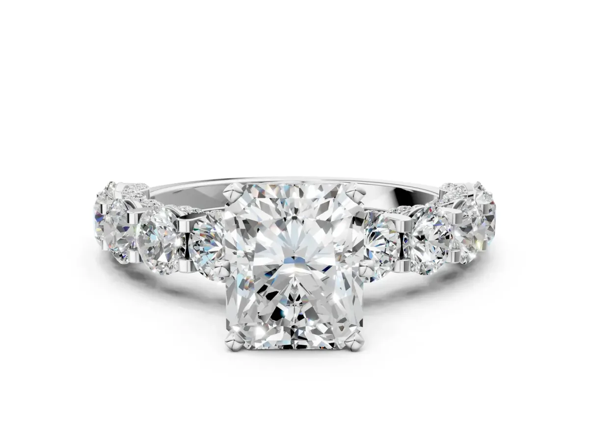 Radiant Cut Diamond Side Stone Engagement Ring with Four-Prong Setting White gold