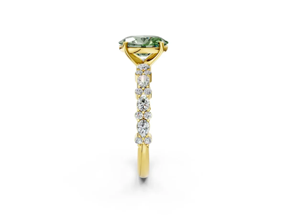Fancy Green Oval Cut Diamond Side Stone Solitaire Ring with Round and Four-Prong Setting Yellow gold