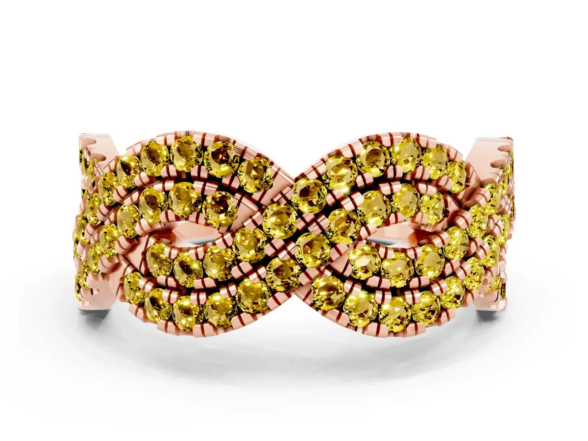 Pavé Round Yellow Sapphire Infinity Twist Band with Shared Prong Setting Rose gold