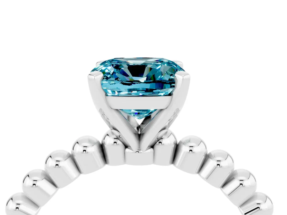 Cushion Cut Blue Topaz Solitaire Ring with Beaded Band and Prong Setting Silver