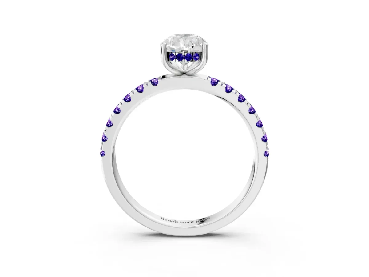 Pear Cut Diamond Pave Band Solitaire Ring with Round Tanzanite and Prong Setting Platinum