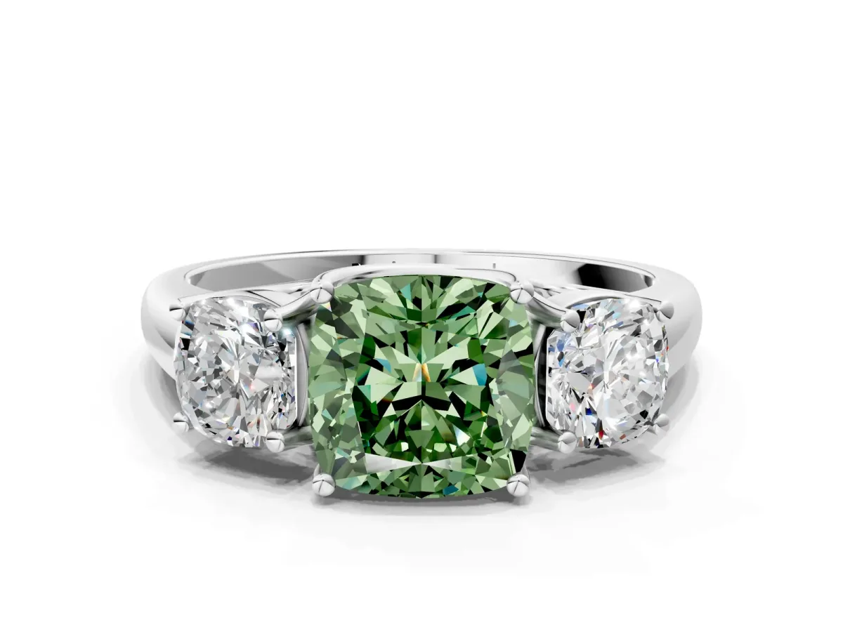 Fancy Green Three-Stone Cushion Cut Diamond Engagement Ring with Prong Setting White gold