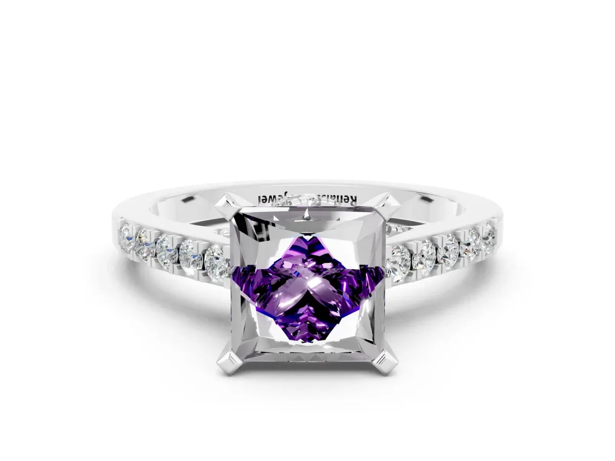 Princess Cut Amethyst Solitaire Ring with Crossover Gallery and Round Pavé Band Silver