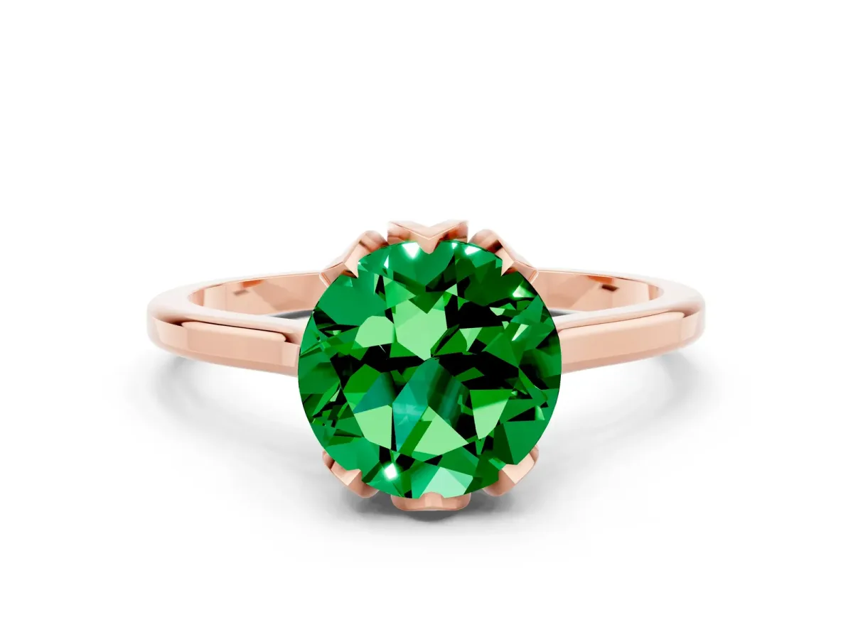 Round Cut Emerald Solitaire Ring with Flower Prong Setting and Classic Band Rose gold