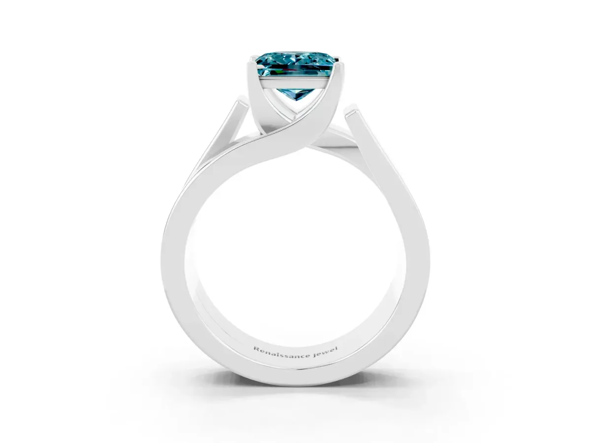 Modern Tension Set Princess Cut Blue Topaz Solitaire Wide Band Ring Silver