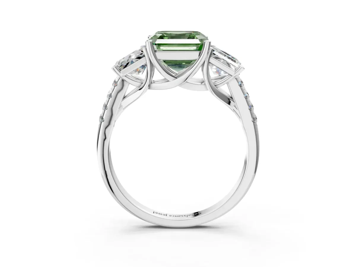 Fancy Green Three-Stone Asscher Cut Diamond Ring with Round Pavé Band and Prong Setting Silver