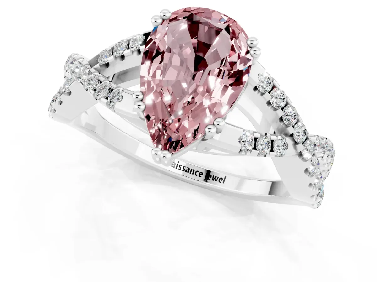Pear Cut Morganite Solitaire Ring with Four-Prong Setting and Twisted Pavé Band Platinum