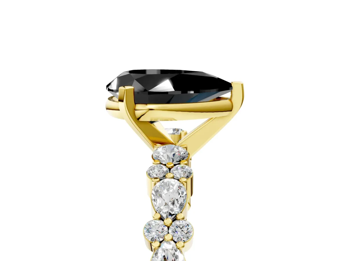 Fancy Black Pear Cut Diamond Side Stone Solitaire Ring with Round and Four-Prong Setting Yellow gold