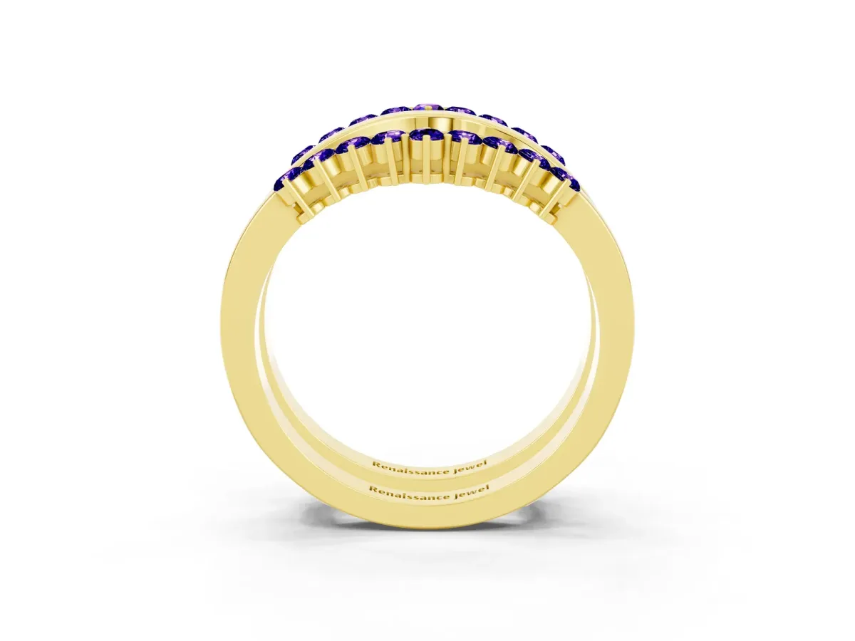 Round Tanzanite Chevron Contour Band with Prong Setting Yellow gold
