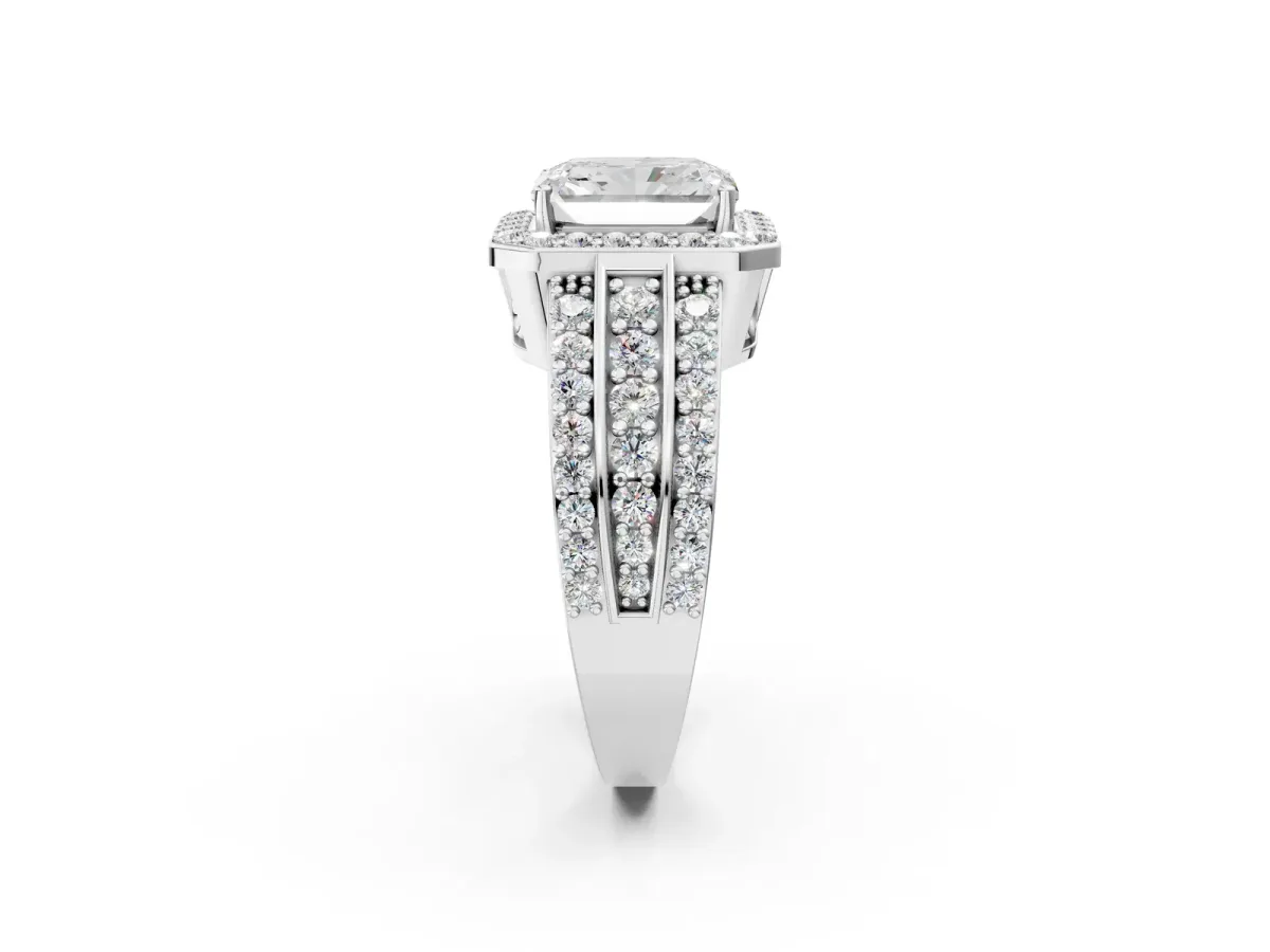 Radiant Cut Halo Diamond Ring with Round Split Shank and Prong Setting Platinum