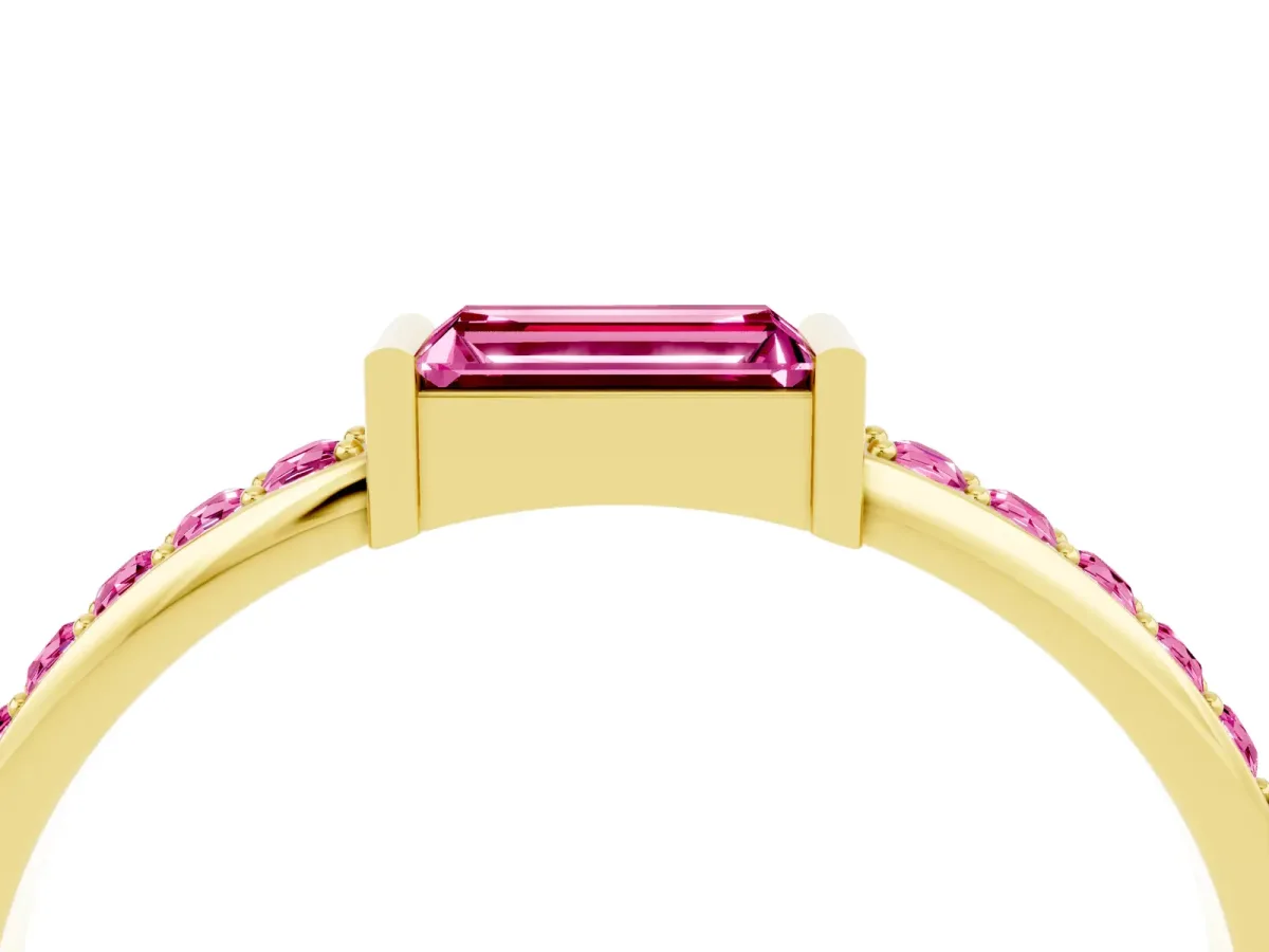 Baguette Pink Sapphire Pavé Band with Bar Setting Yellow gold