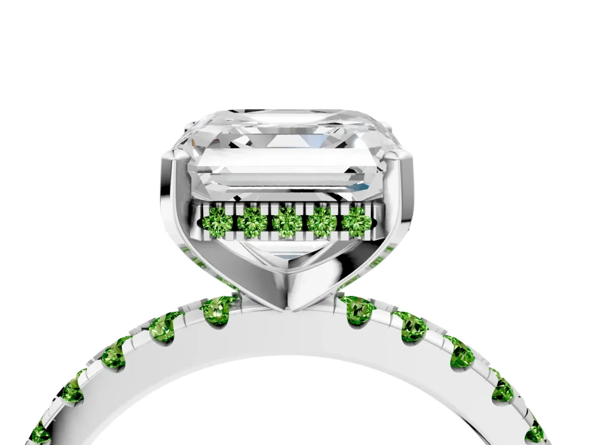 Asscher Cut Diamond Solitaire Ring with Round Peridot Pavé Band and Four-Prong Setting Silver