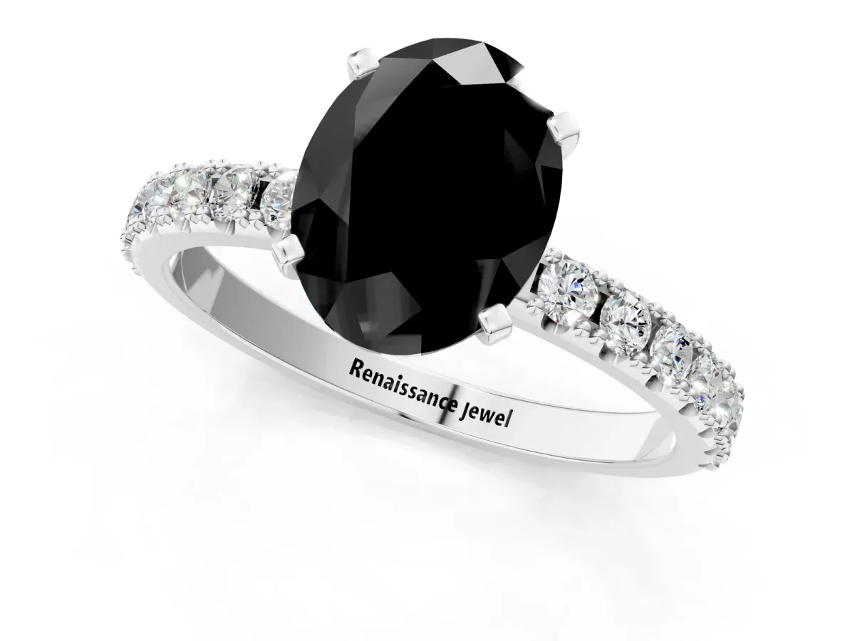 Fancy Black Oval Cut Diamond Solitaire Pavé Band with Four-Prong Setting Platinum