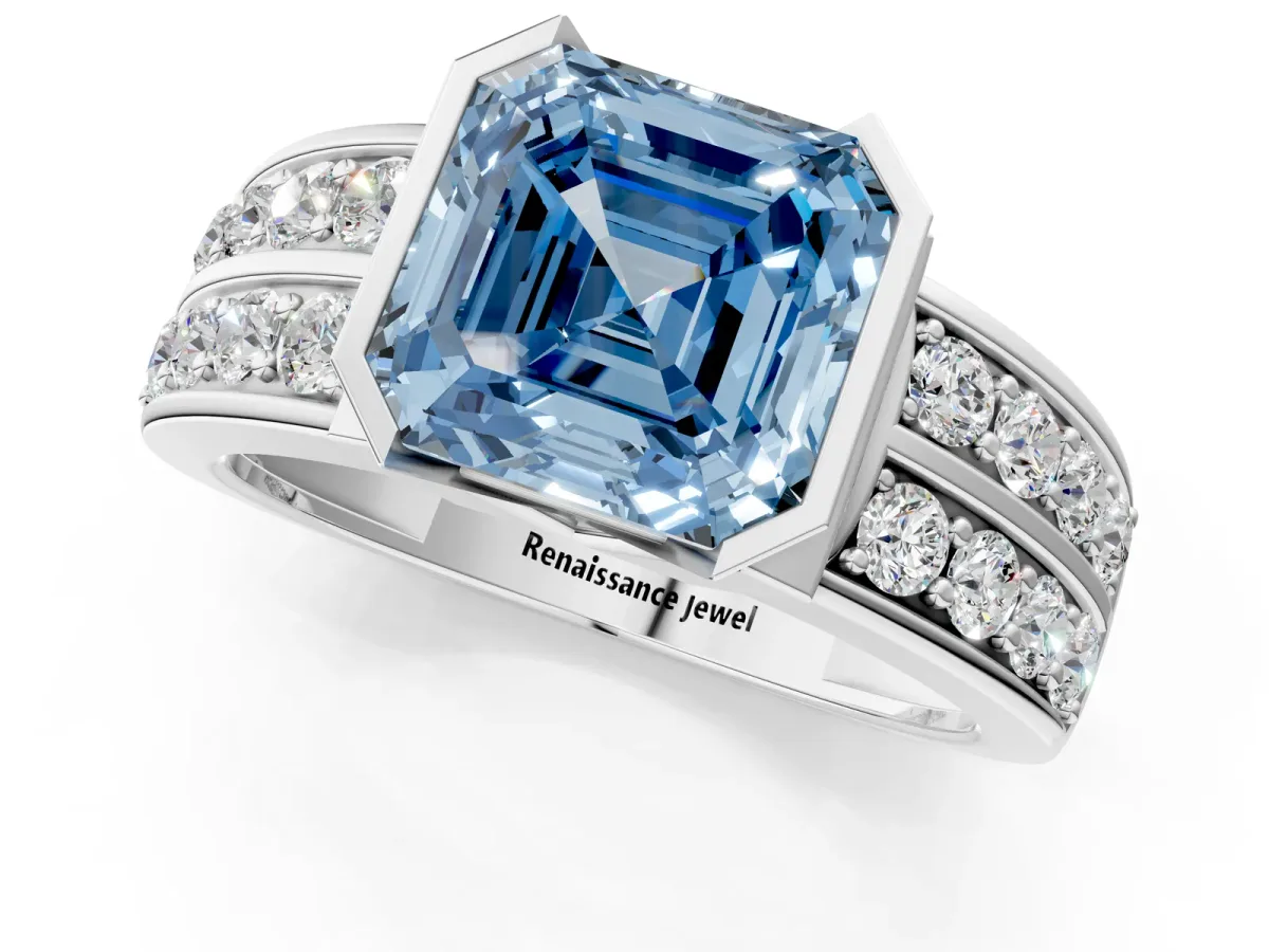Fancy Blue Asscher Cut Brilliant Diamond Channel Set Wide Band Ring with Bezel Setting Platinum