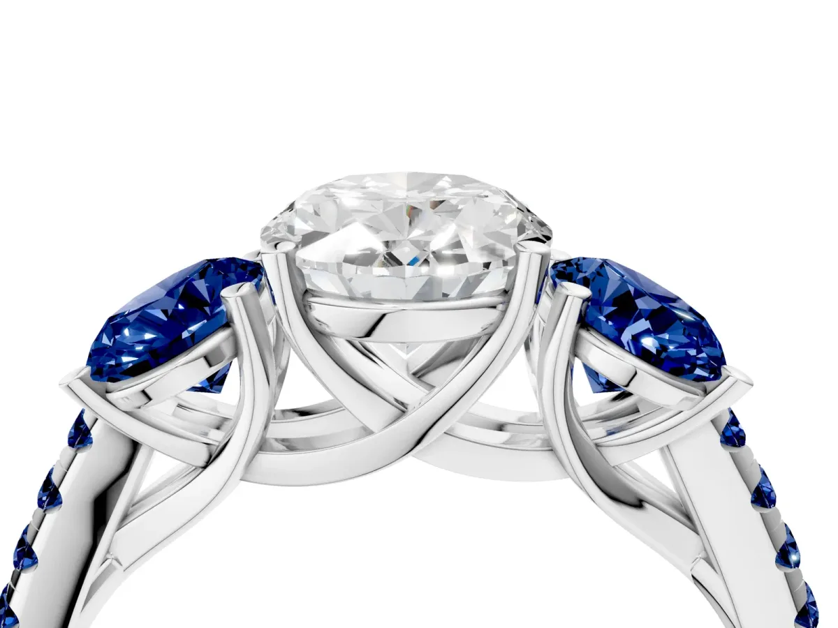Three-Stone Oval Cut Diamond Ring with Round Blue Sapphire Pavé Band and Prong Setting Silver