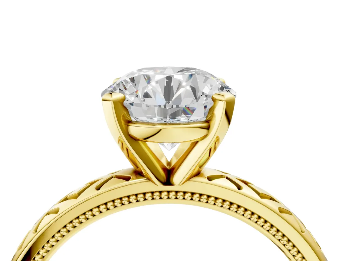Round Cut Solitaire Diamond Ring with Milgrain and Black Enamel X Pattern Band Yellow gold