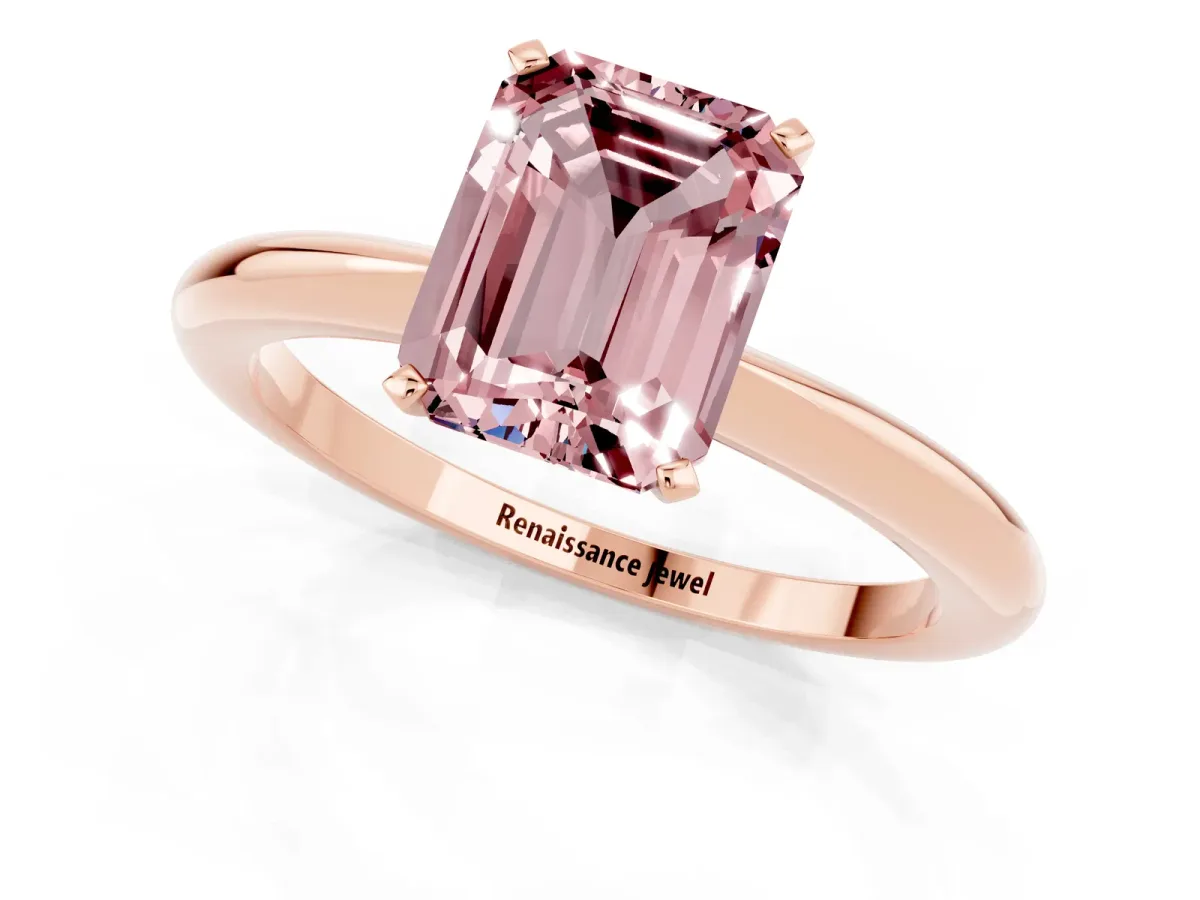 Emerald Cut Morganite Solitaire Ring with Six-Prong Setting and Classic Band Rose gold