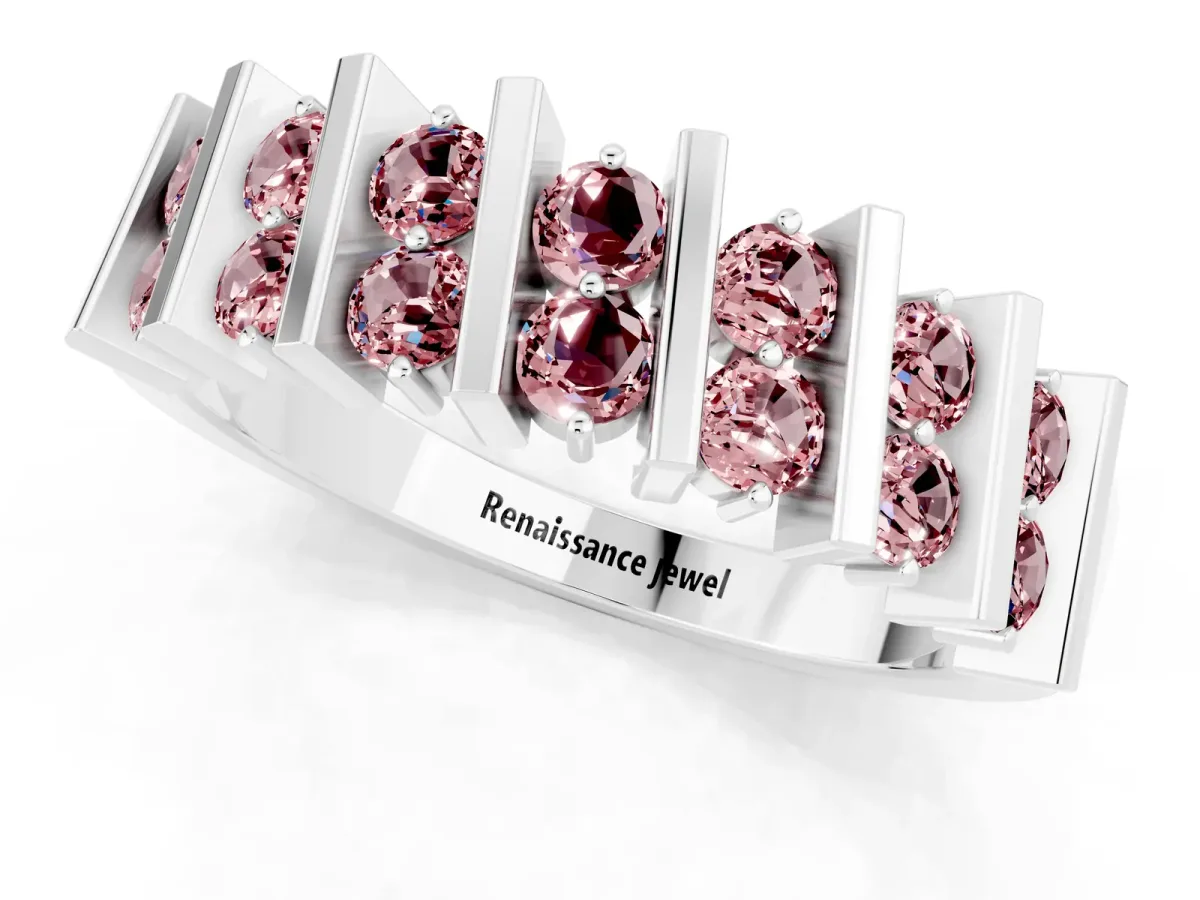 Channel Set Round Morganite Anniversary Band with Vertical Prongs Silver