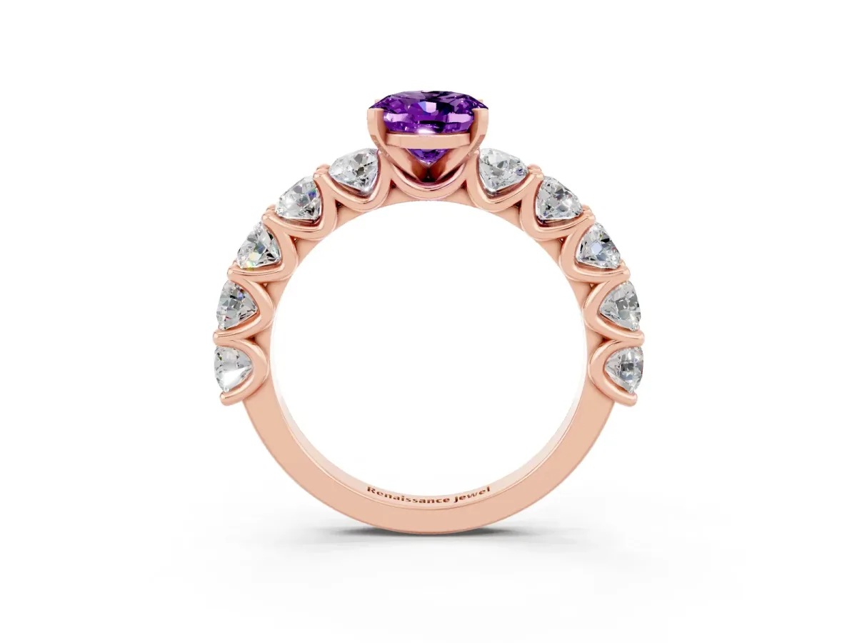 Oval Cut Amethyst Prong Setting with Side Stones on a Pave Band Rose gold