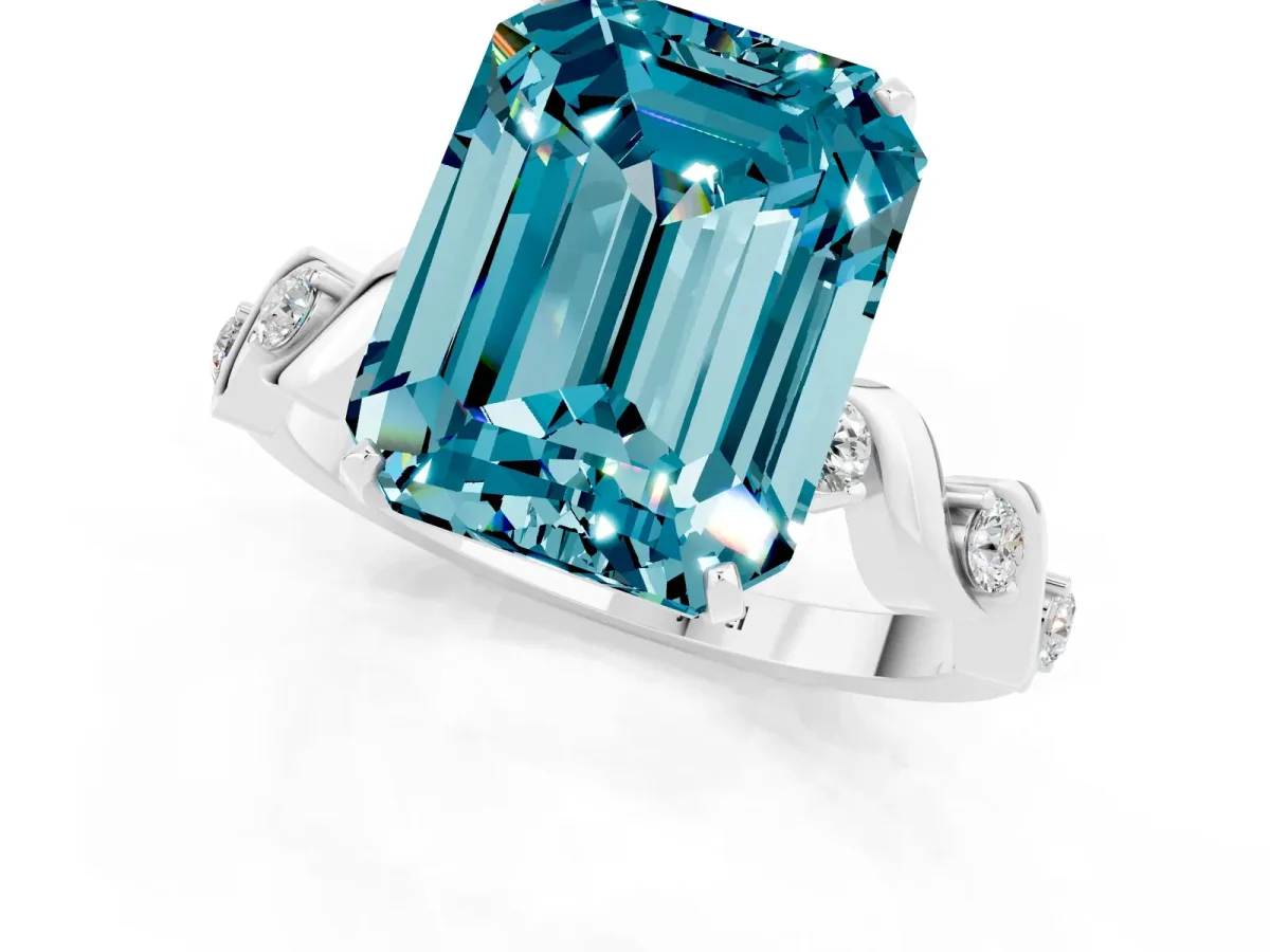 Emerald Cut Blue Topaz Solitaire Twisted Band with Round Accents and Prong Setting Silver