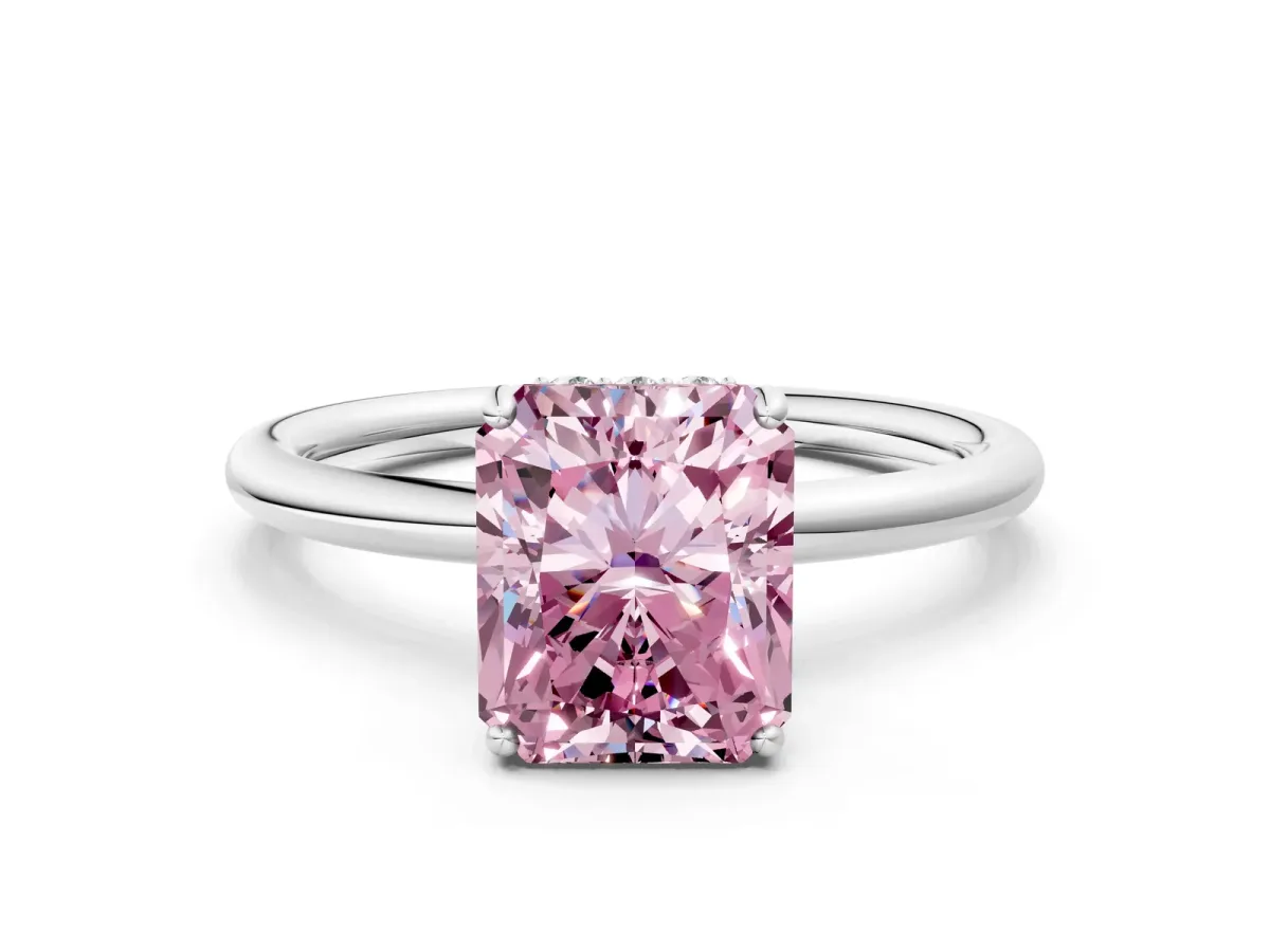Fancy Pink Radiant Cut Solitaire Diamond Ring with a Classic Band and Four-Prong Setting Platinum